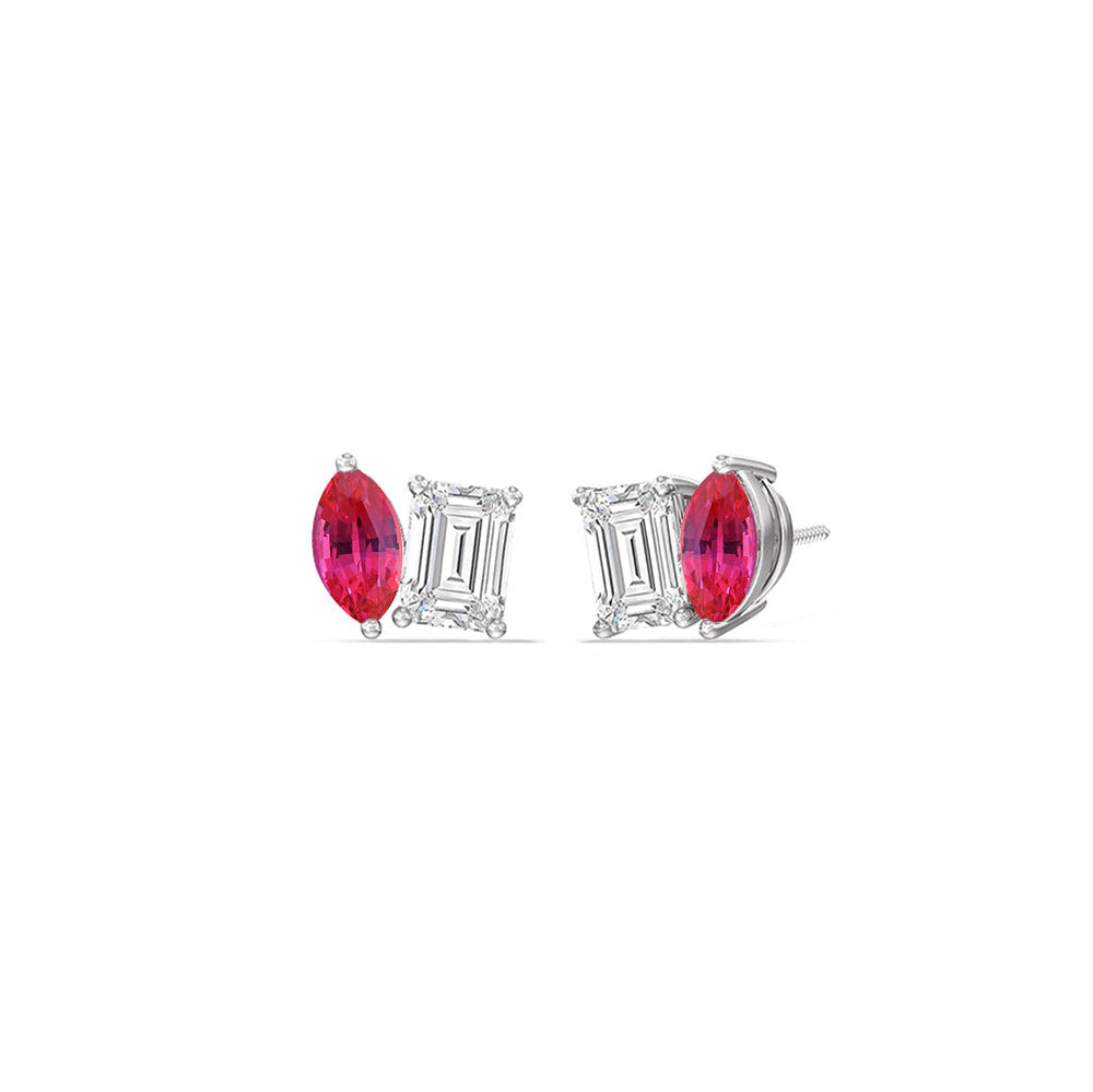 Toi et Moi Created Ruby Marquise and Emerald Diamond Stud Earrings with 14KT White Gold Cut Diamond in 14KT White Gold view 1

