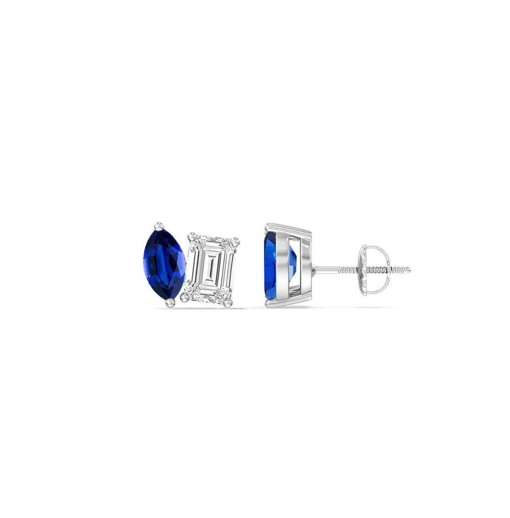 Toi et Moi Created Sapphire Marquise and Emerald Diamond Stud Earrings with 14KT White Gold Cut Diamond in 14KT White Gold view 2
