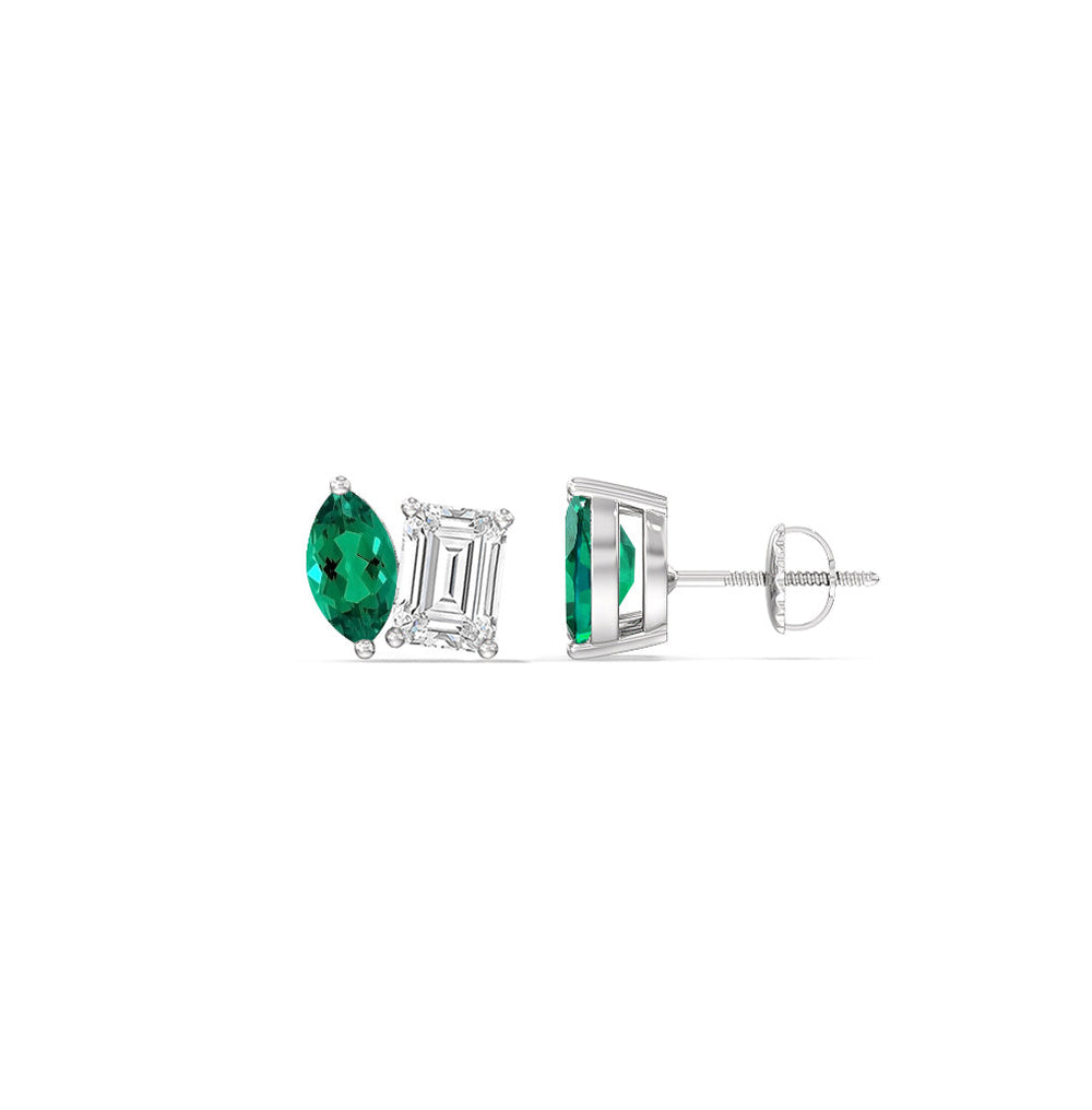 Toi et Moi Created Emerald Marquise and Emerald Shape Diamond Stud Earrings with 14KT White Gold Cut Diamond in 14KT White Gold view 2
