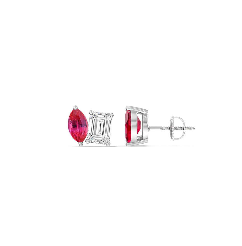 Toi et Moi Created Ruby Marquise and Emerald Diamond Stud Earrings with 14KT White Gold Cut Diamond in 14KT White Gold view 2
