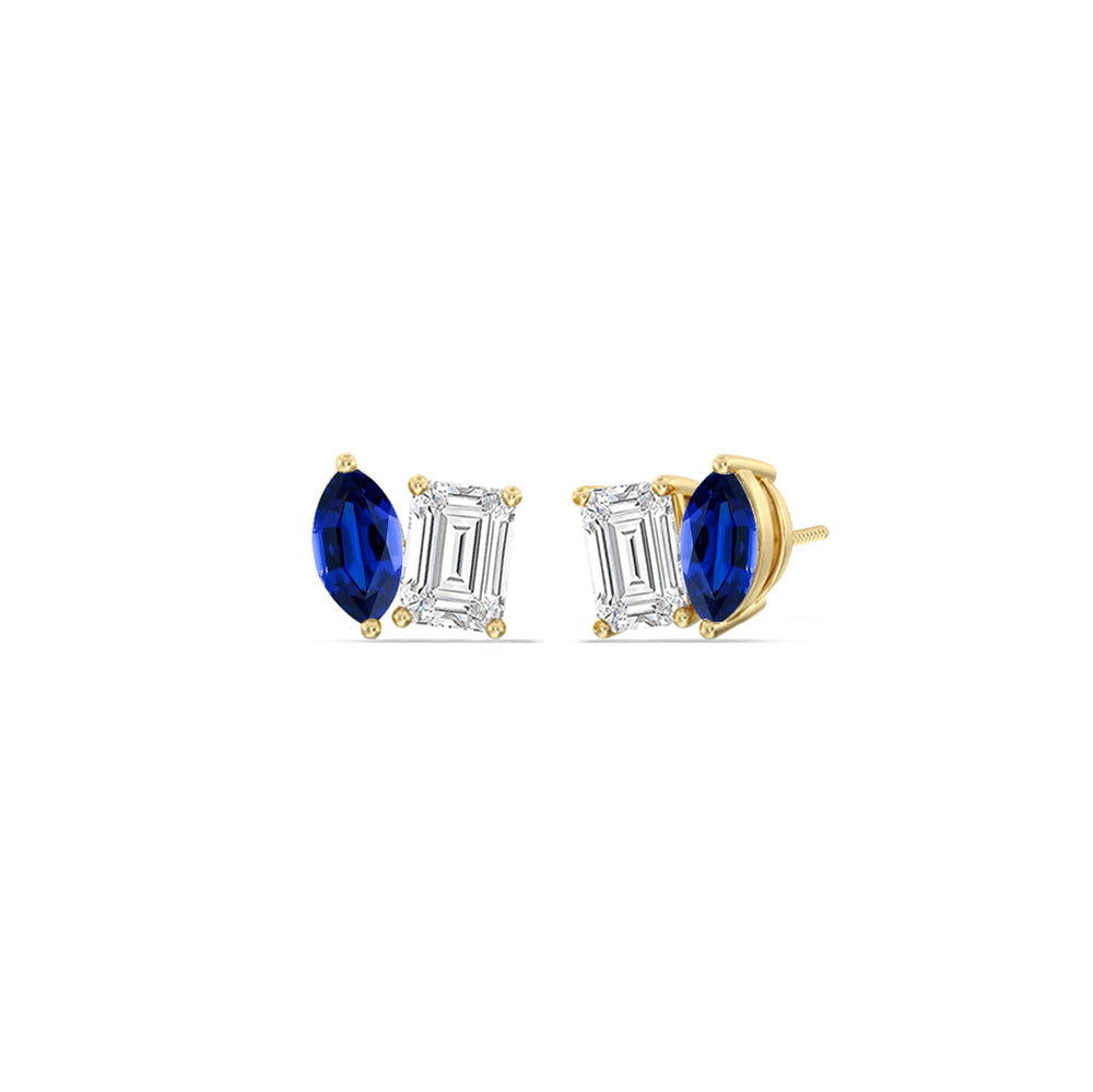 Toi et Moi Created Sapphire Marquise and Emerald Diamond Stud Earrings with 14KT Yellow Gold Cut Diamond in 14KT Yellow Gold view 1
