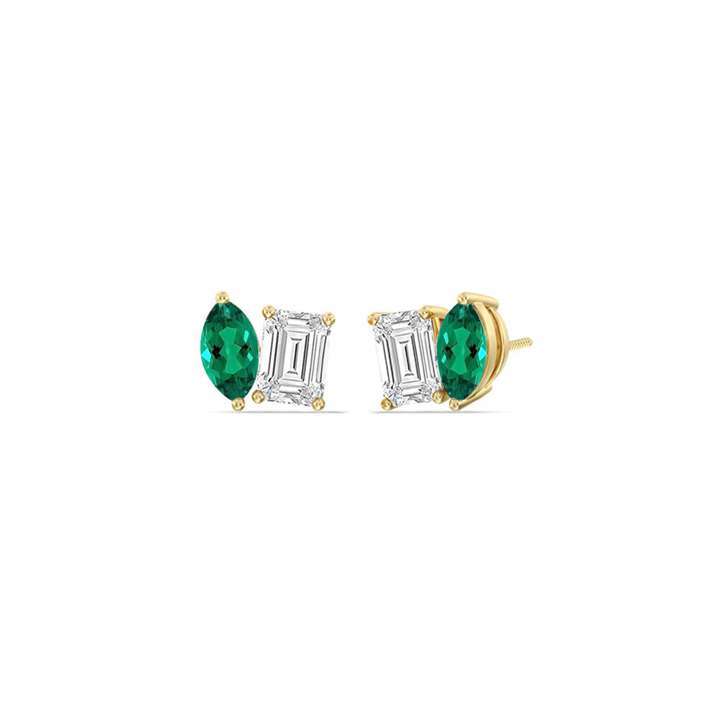 Toi et Moi Created Emerald Marquise and Emerald Shape Diamond Stud Earrings with 14KT Yellow Gold Cut Diamond in 14KT Yellow Gold view 1
