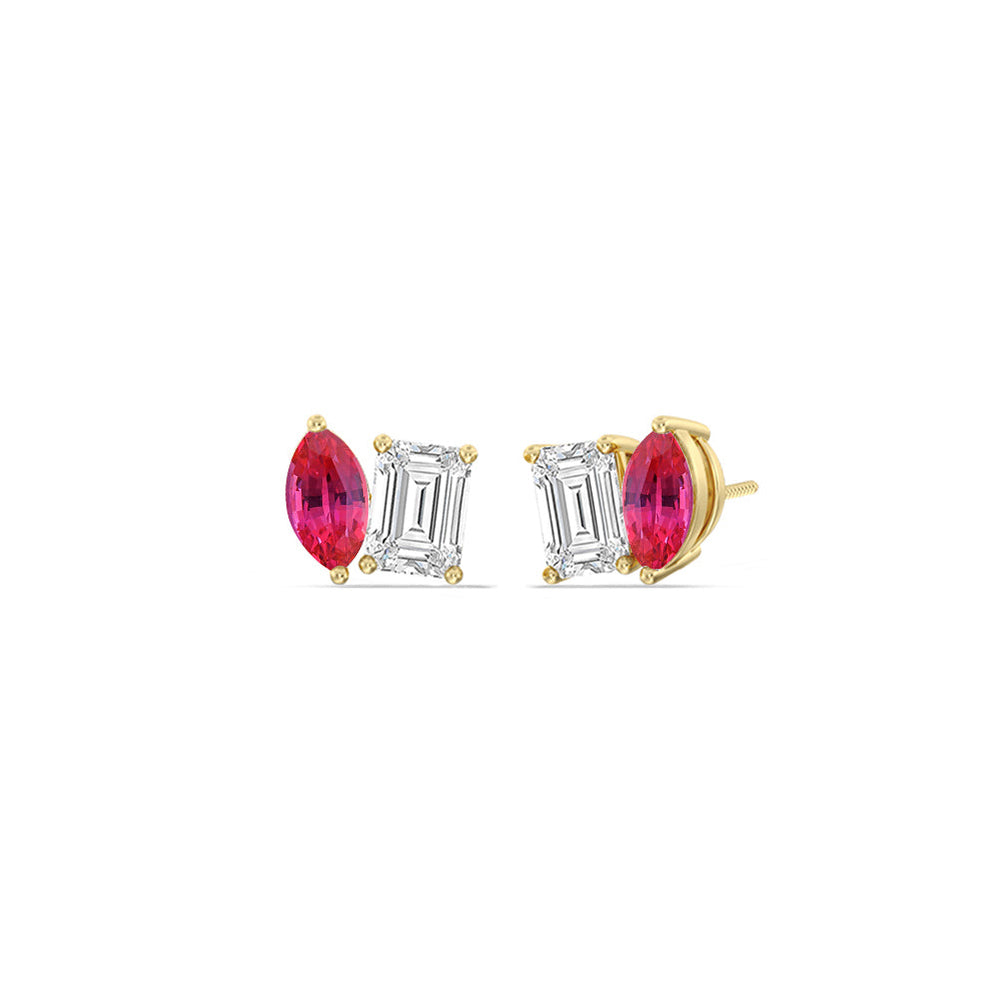 Toi et Moi Created Ruby Marquise and Emerald Diamond Stud Earrings with 14KT Yellow Gold Cut Diamond in 14KT Yellow Gold view 1
