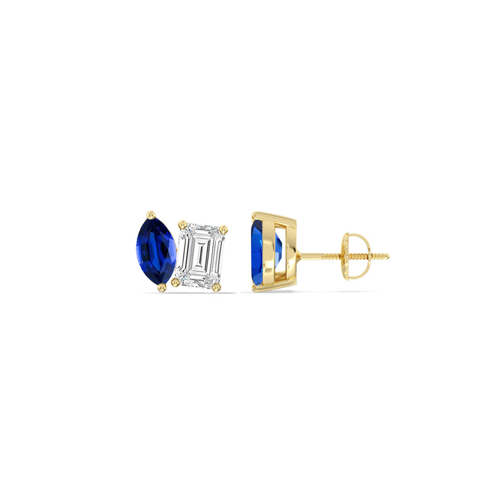 Toi et Moi Created Sapphire Marquise and Emerald Diamond Stud Earrings with 14KT Yellow Gold Cut Diamond in 14KT Yellow Gold view 2
