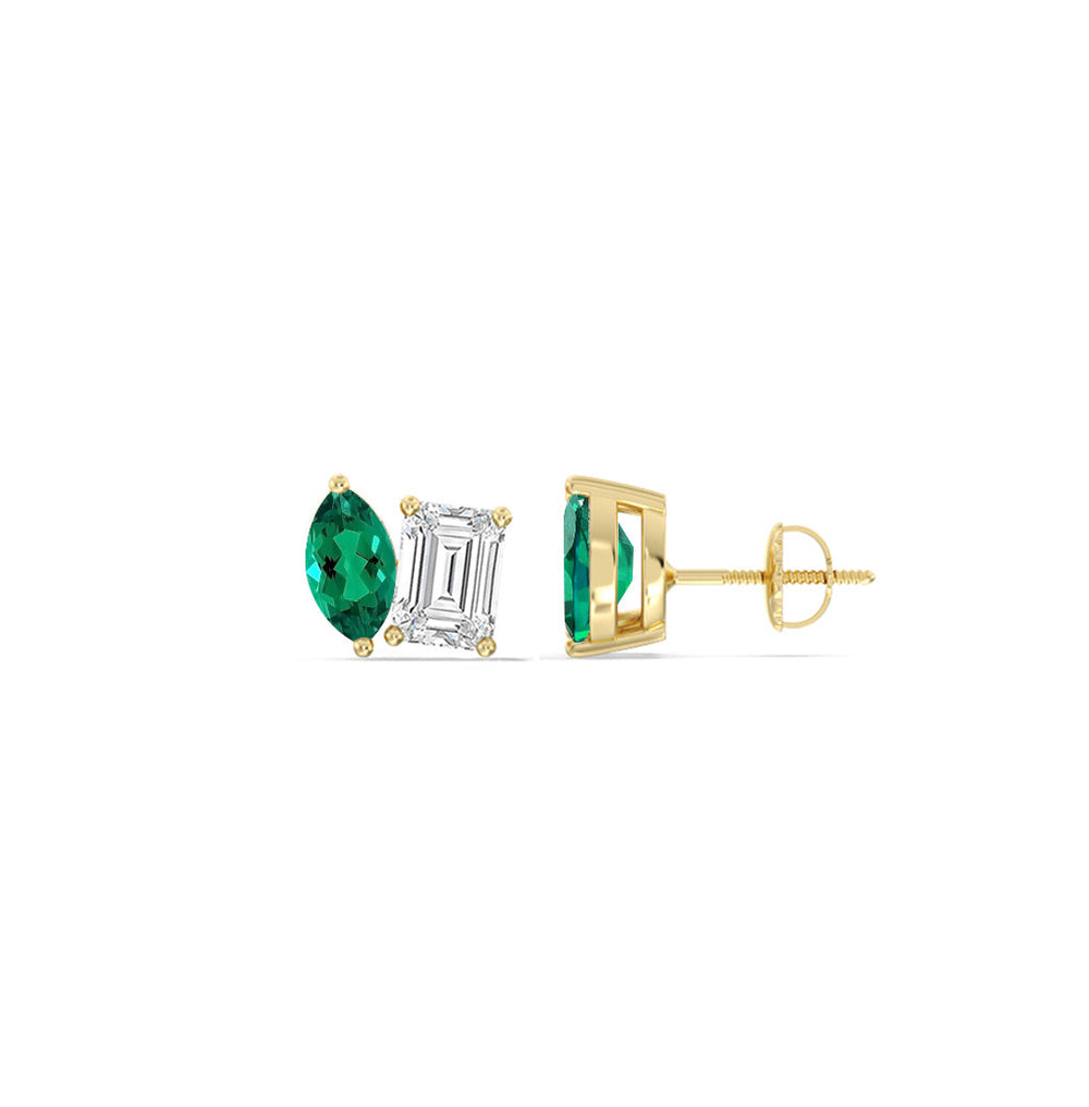 Toi et Moi Created Emerald Marquise and Emerald Shape Diamond Stud Earrings with 14KT Yellow Gold Cut Diamond in 14KT Yellow Gold view 2
