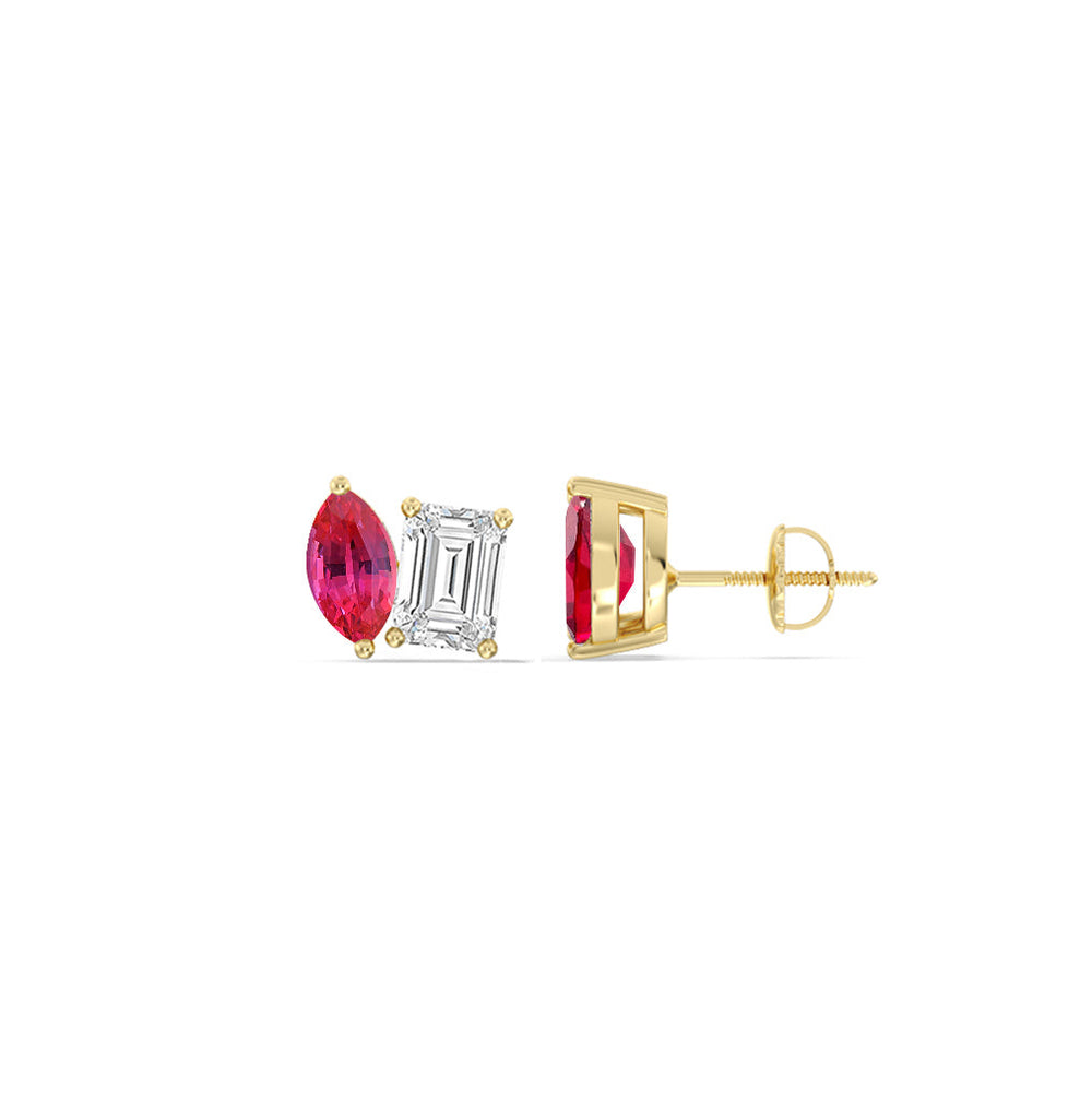 Toi et Moi Created Ruby Marquise and Emerald Diamond Stud Earrings with 14KT Yellow Gold Cut Diamond in 14KT Yellow Gold view 2
