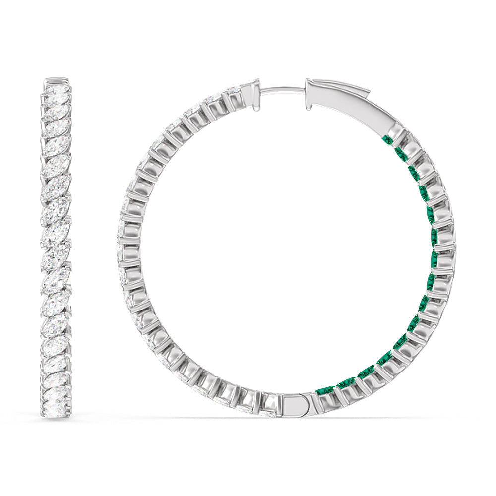 Marquise Diamond and Created Emerald Inside-Out Large Hoop Earrings with 14KT White Gold Cut Diamond in 14KT White Gold view 2
