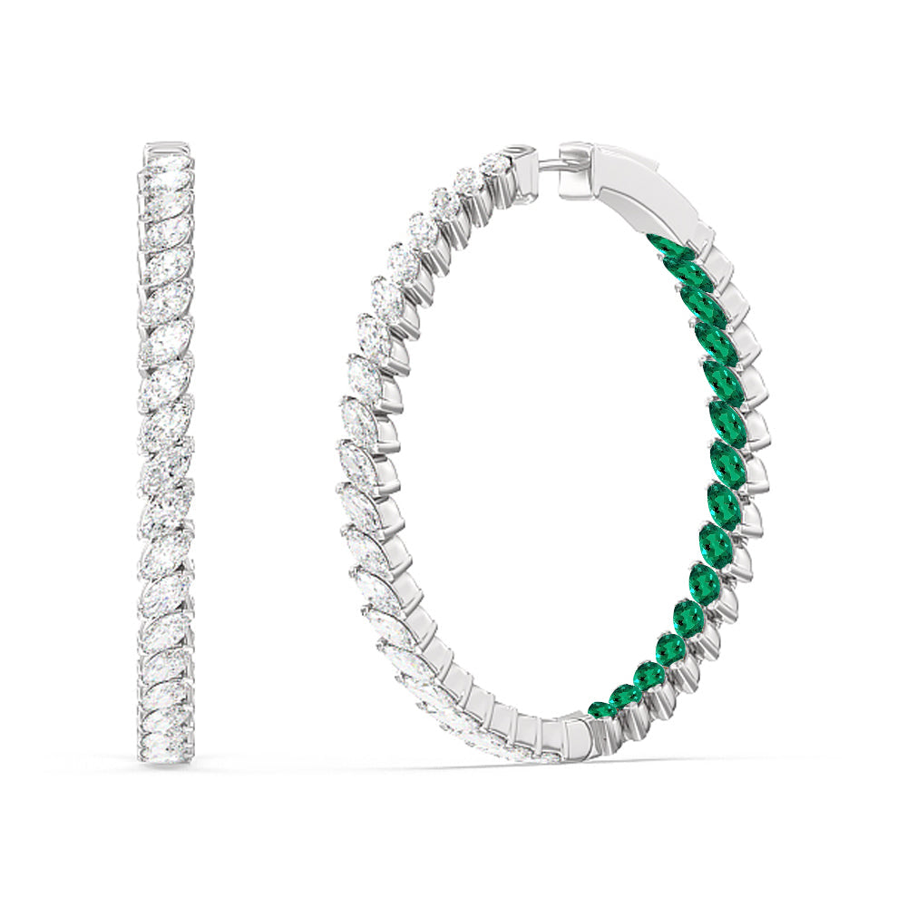 Marquise Diamond and Created Emerald Inside-Out Large Hoop Earrings with 14KT White Gold Cut Diamond in 14KT White Gold view 1
