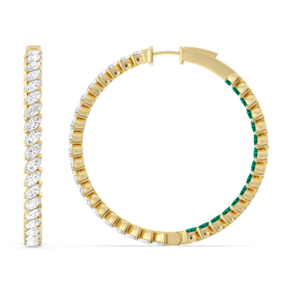 Marquise Diamond and Created Emerald Inside-Out Large Hoop Earrings with 14KT Yellow Gold Cut Diamond in 14KT Yellow Gold view 2
