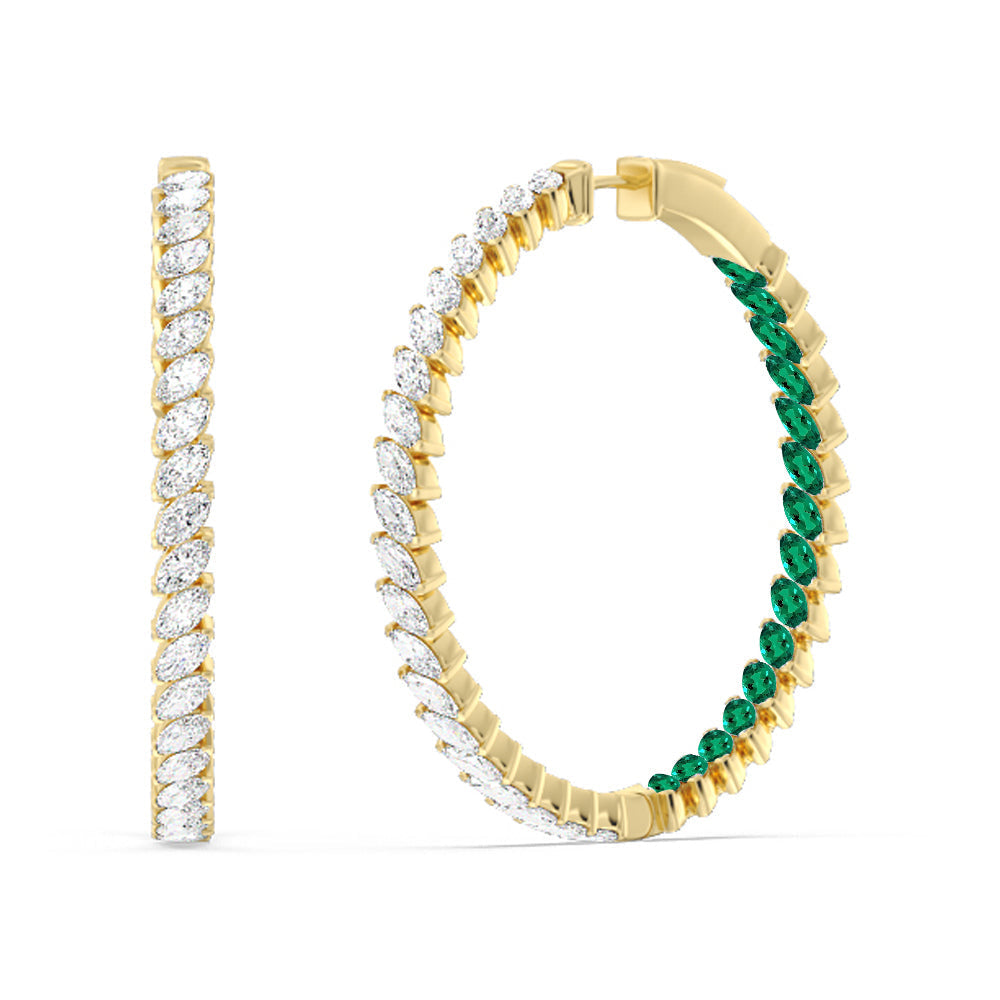 Marquise Diamond and Created Emerald Inside-Out Large Hoop Earrings with 14KT Yellow Gold Cut Diamond in 14KT Yellow Gold view 1

