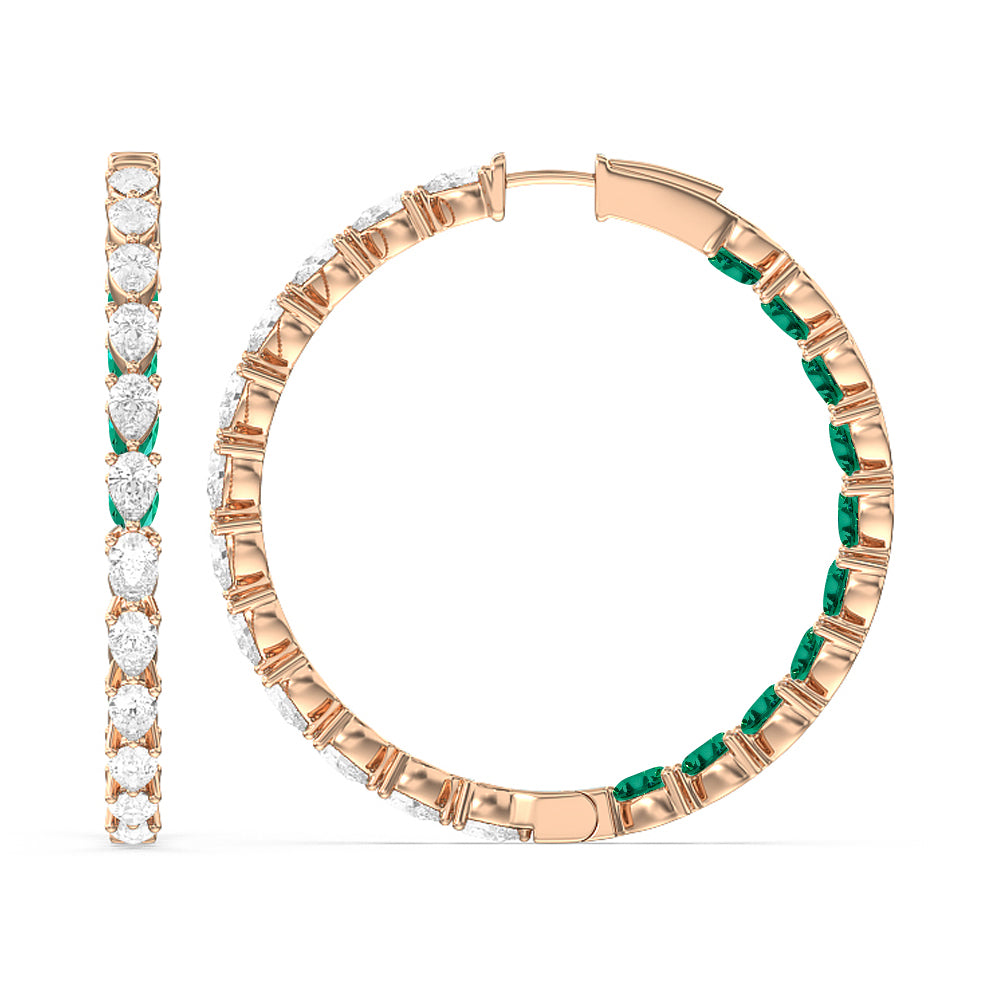 Pear Diamond and Created Emerald Inside-Out Large Hoop Earrings with 14KT Rose Gold Cut Diamond in 14KT Rose Gold view 2
