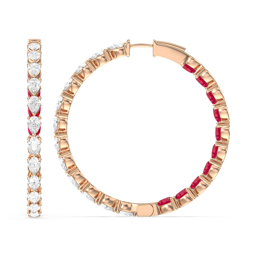 Pear Diamond and Created Ruby Inside-Out Large Hoop Earrings with 14KT Rose Gold Cut Diamond in 14KT Rose Gold view 2

