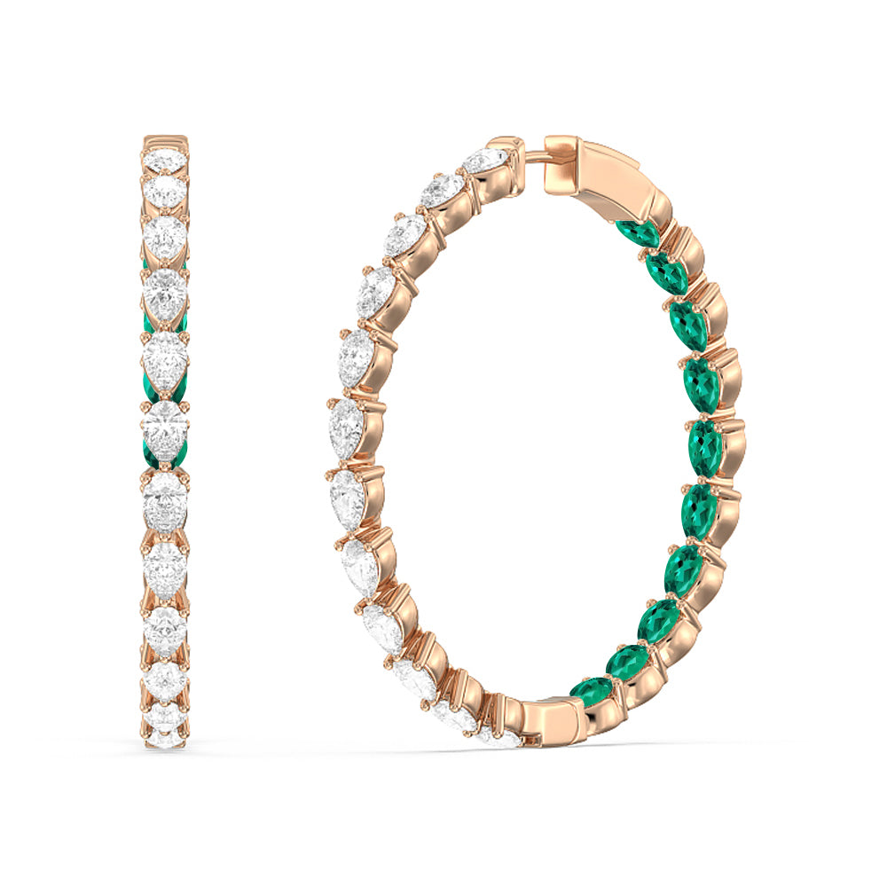 Pear Diamond and Created Emerald Inside-Out Large Hoop Earrings with 14KT Rose Gold Cut Diamond in 14KT Rose Gold view 1
