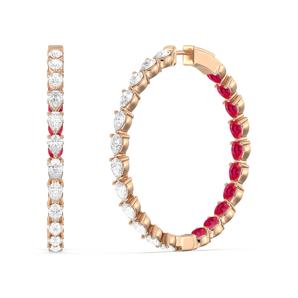 Pear Diamond and Created Ruby Inside-Out Large Hoop Earrings with 14KT Rose Gold Cut Diamond in 14KT Rose Gold view 1
