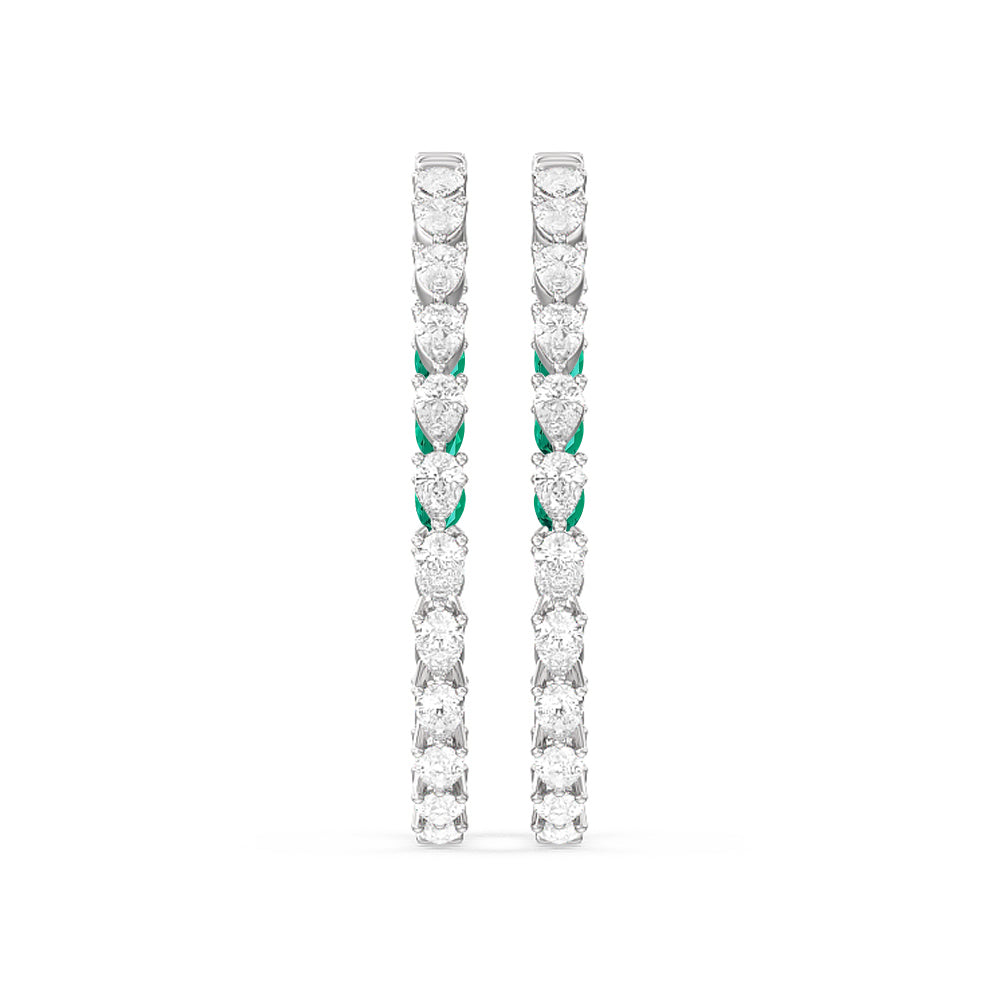 Pear Diamond and Created Emerald Inside-Out Large Hoop Earrings with 14KT White Gold Cut Diamond in 14KT White Gold view 3
