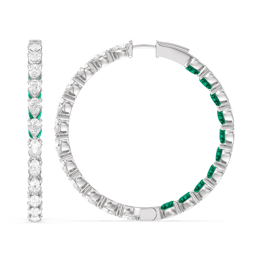 Pear Diamond and Created Emerald Inside-Out Large Hoop Earrings with 14KT White Gold Cut Diamond in 14KT White Gold view 2
