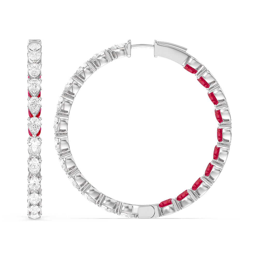 Pear Diamond and Created Ruby Inside-Out Large Hoop Earrings with 14KT White Gold Cut Diamond in 14KT White Gold view 2
