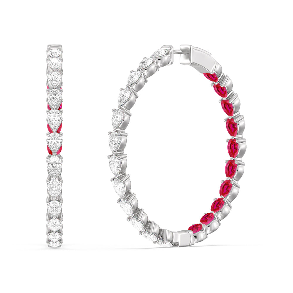 Pear Diamond and Created Ruby Inside-Out Large Hoop Earrings with 14KT White Gold Cut Diamond in 14KT White Gold view 1
