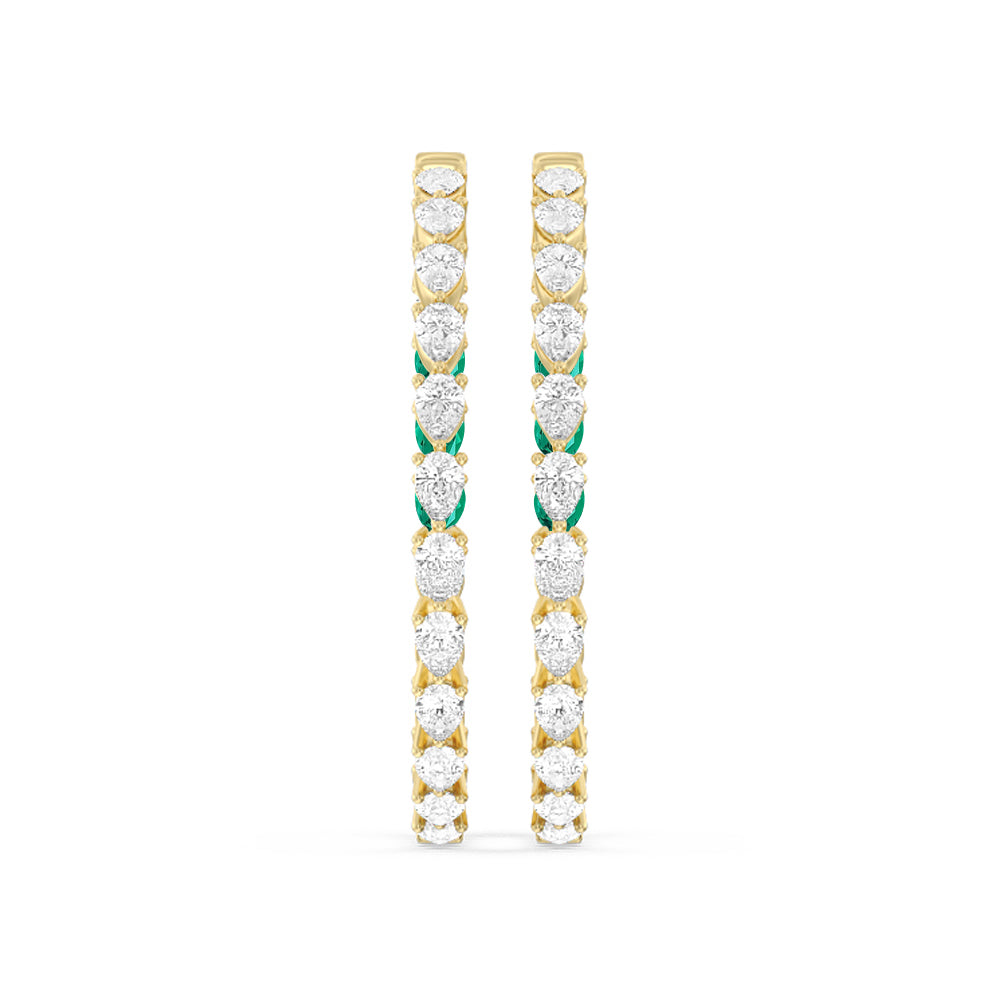 Pear Diamond and Created Emerald Inside-Out Large Hoop Earrings with 14KT Yellow Gold Cut Diamond in 14KT Yellow Gold view 3
