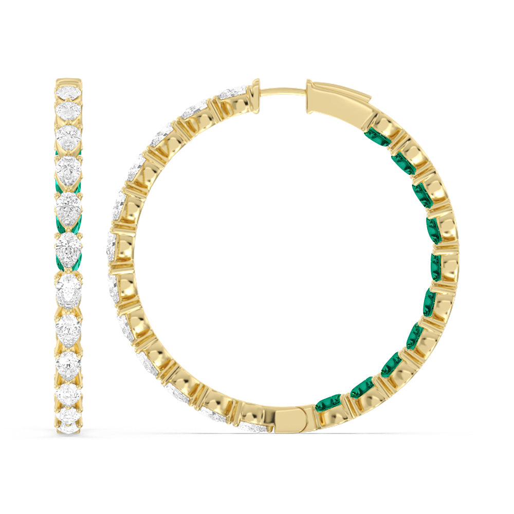 Pear Diamond and Created Emerald Inside-Out Large Hoop Earrings with 14KT Yellow Gold Cut Diamond in 14KT Yellow Gold view 2
