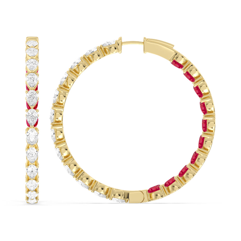 Pear Diamond and Created Ruby Inside-Out Large Hoop Earrings with 14KT Yellow Gold Cut Diamond in 14KT Yellow Gold view 2
