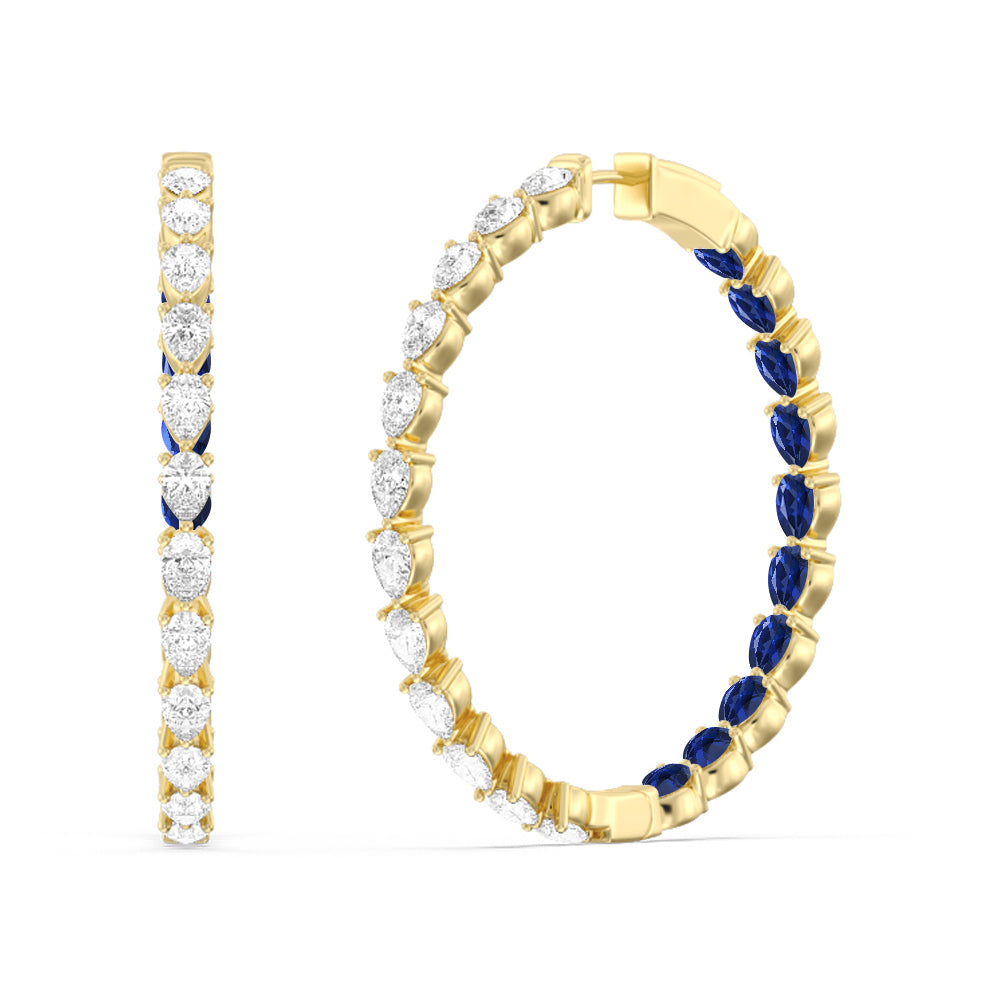 Pear Diamond and Created Sapphire Inside-Out Large Hoop Earrings with 14KT Yellow Gold Cut Diamond in 14KT Yellow Gold view 1
