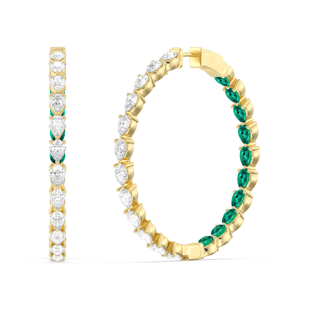 Pear Diamond and Created Emerald Inside-Out Large Hoop Earrings with 14KT Yellow Gold Cut Diamond in 14KT Yellow Gold view 1
