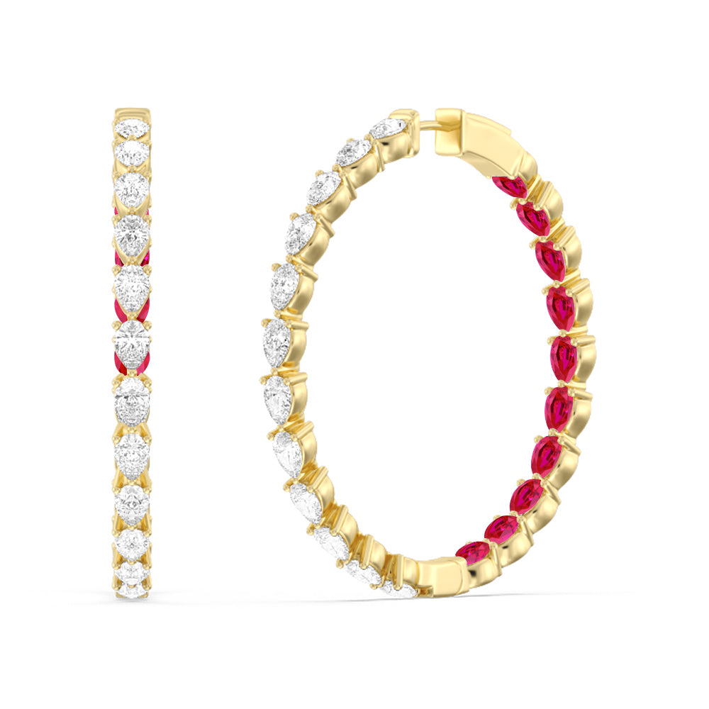 Pear Diamond and Created Ruby Inside-Out Large Hoop Earrings with 14KT Yellow Gold Cut Diamond in 14KT Yellow Gold view 1
