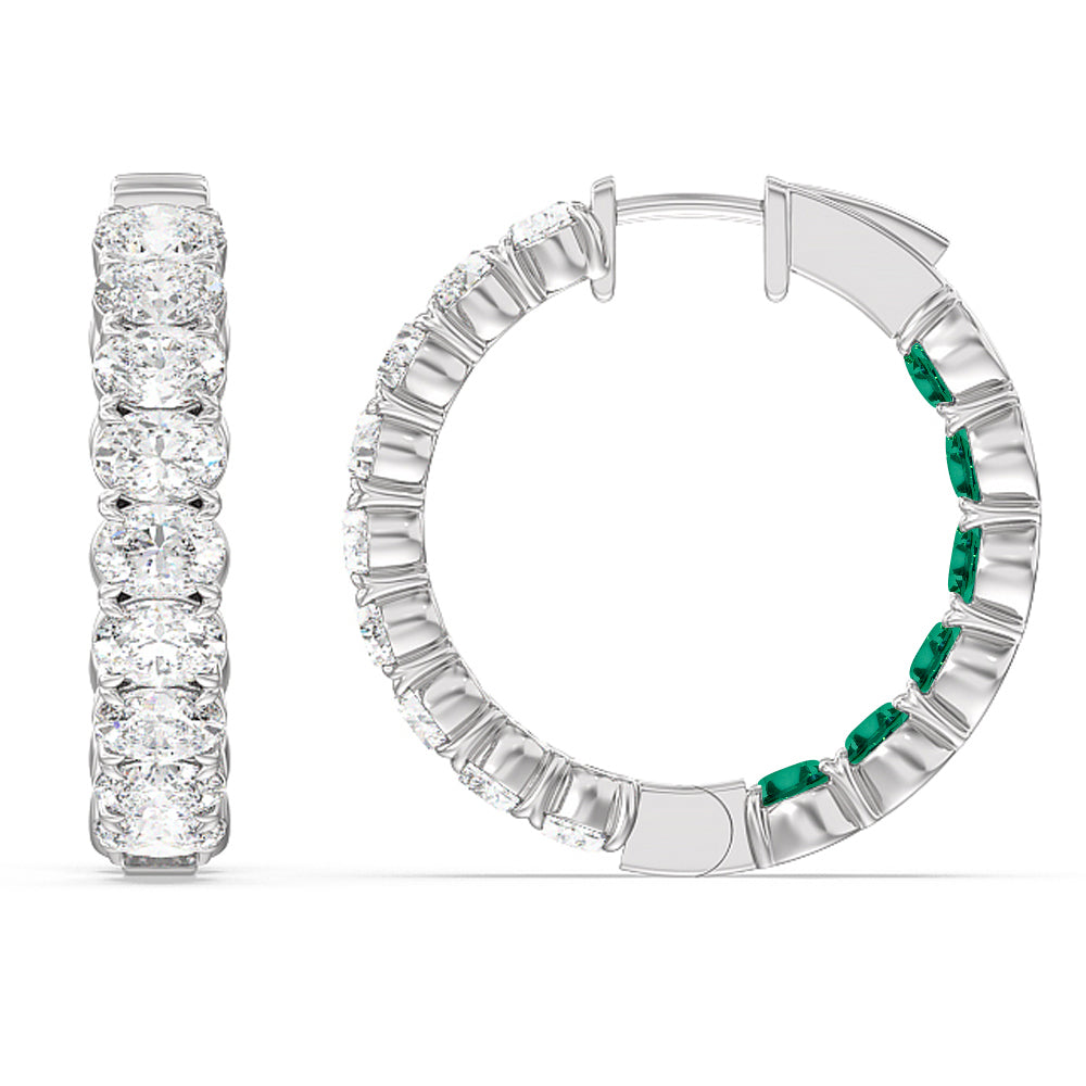 Inside-Out Oval Shape Diamond and Created Emerald Hoop Earring with 14KT White Gold Cut Diamond in 14KT White Gold view 2
