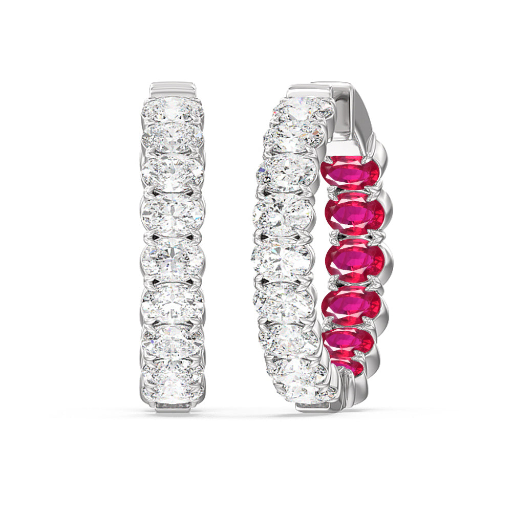 Inside-Out Oval Shape Diamond and Created Ruby Hoop Earring with 14KT White Gold Cut Diamond in 14KT White Gold view 1
