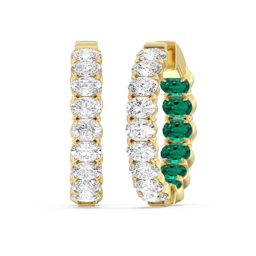 Inside-Out Oval Shape Diamond and Created Emerald Hoop Earring with 14KT Yellow Gold Cut Diamond in 14KT Yellow Gold view 1
