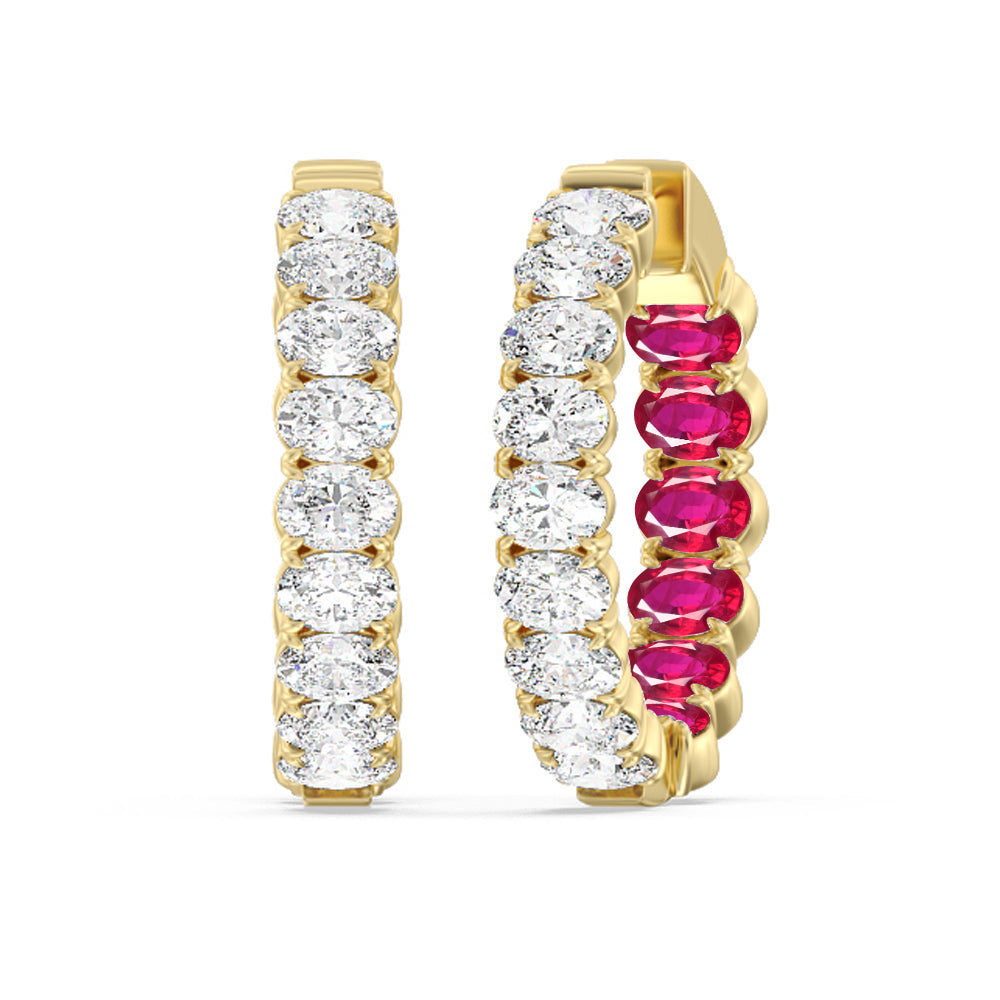 Inside-Out Oval Shape Diamond and Created Ruby Hoop Earring with 14KT Yellow Gold Cut Diamond in 14KT Yellow Gold view 1

