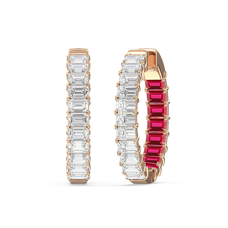 Inside-Out Emerald Shape Diamond and Created Ruby Hoop Earring