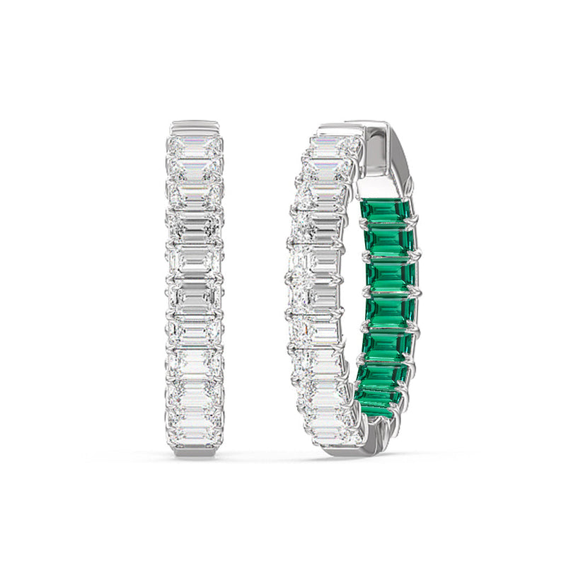 Inside-Out Emerald Shape Diamond and Created Emerald Hoop Earring
