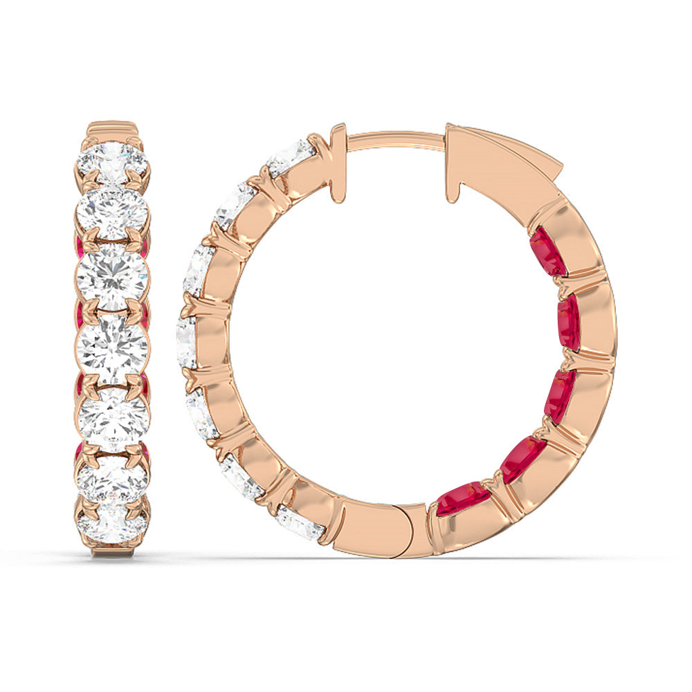 Inside-Out Round Shape Diamond and Created Ruby Hoop Earrings with 14KT Rose Gold Cut Diamond in 14KT Rose Gold view 2
