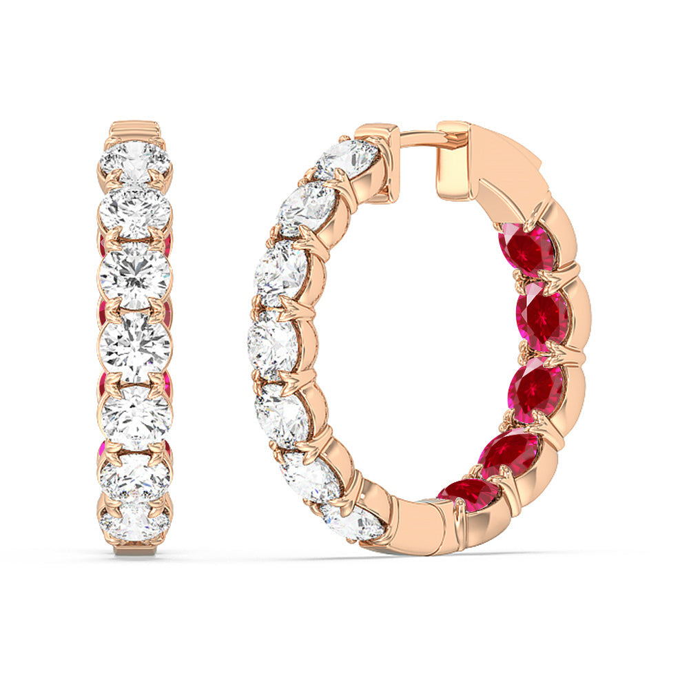 Inside-Out Round Shape Diamond and Created Ruby Hoop Earrings with 14KT Rose Gold Cut Diamond in 14KT Rose Gold view 1
