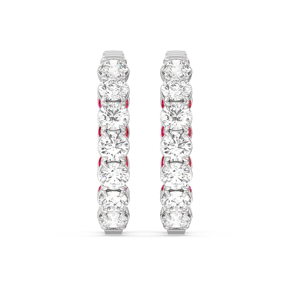 Inside-Out Round Shape Diamond and Created Ruby Hoop Earrings with 14KT White Gold Cut Diamond in 14KT White Gold view 3
