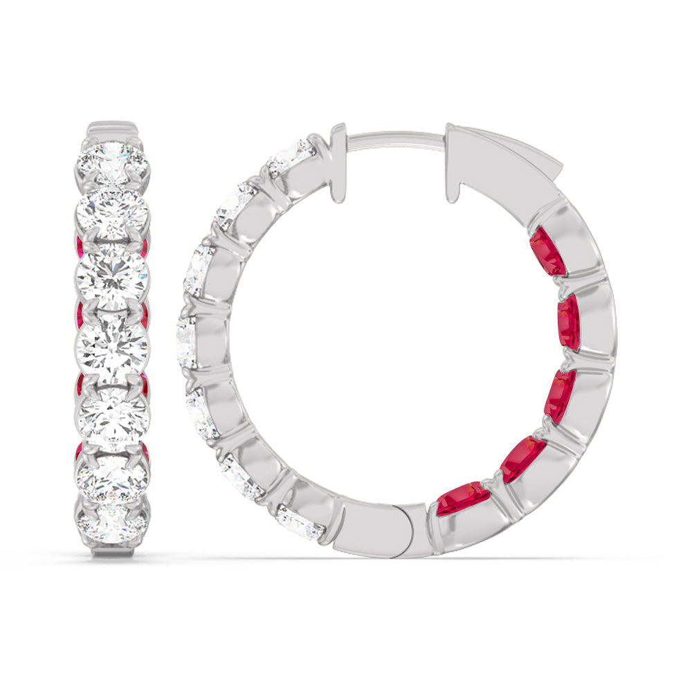 Inside-Out Round Shape Diamond and Created Ruby Hoop Earrings with 14KT White Gold Cut Diamond in 14KT White Gold view 2
