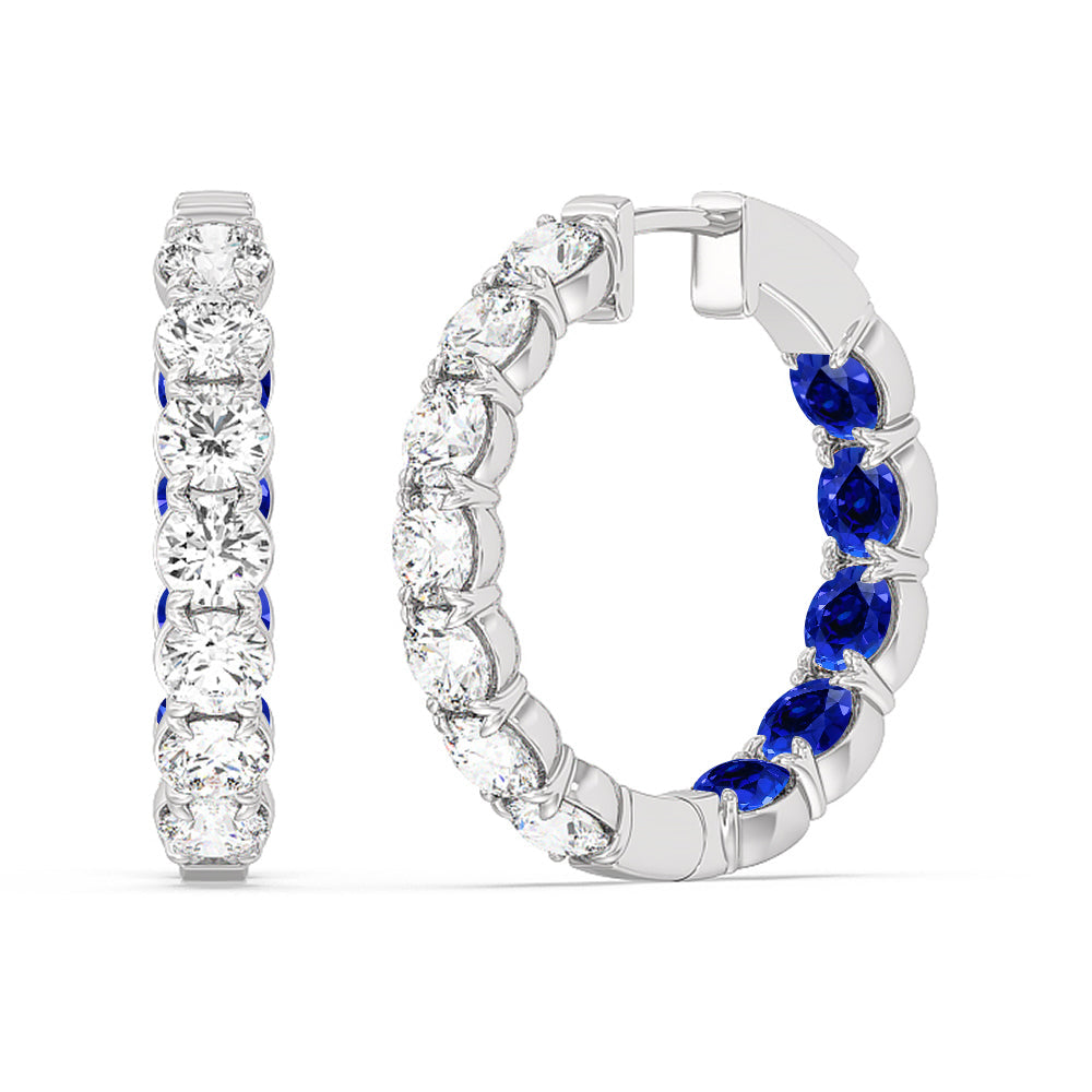 Inside-Out Round Shape Diamond and Created Sapphire Hoop Earrings with 14KT White Gold Cut Diamond in 14KT White Gold view 1
