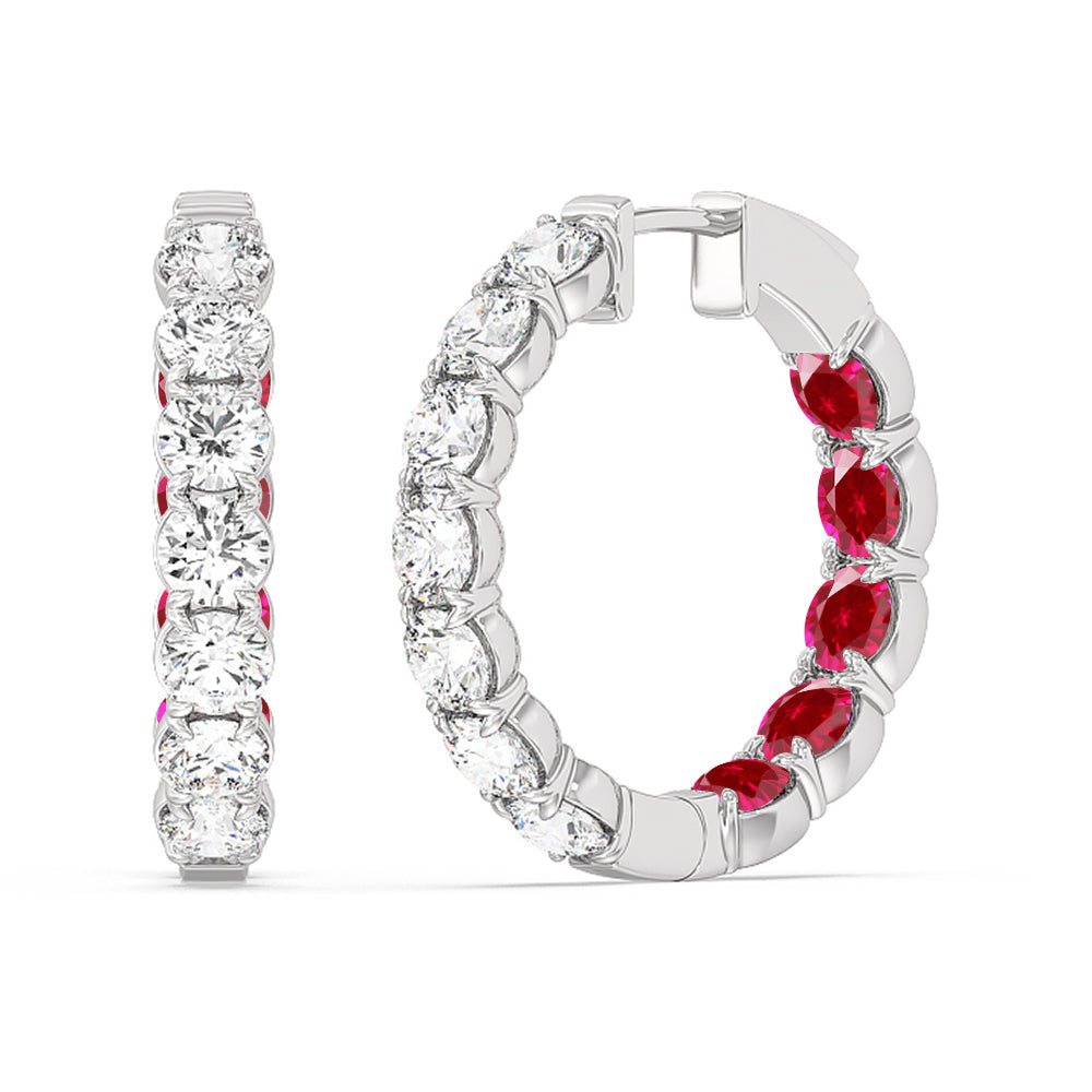 Inside-Out Round Shape Diamond and Created Ruby Hoop Earrings with 14KT White Gold Cut Diamond in 14KT White Gold view 1

