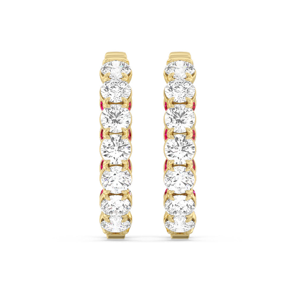 Inside-Out Round Shape Diamond and Created Ruby Hoop Earrings with 14KT Yellow Gold Cut Diamond in 14KT Yellow Gold view 3
