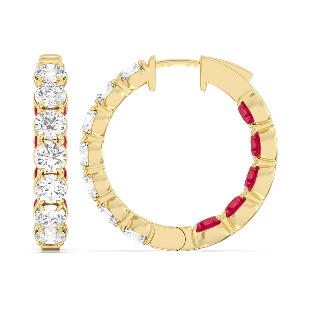 Inside-Out Round Shape Diamond and Created Ruby Hoop Earrings with 14KT Yellow Gold Cut Diamond in 14KT Yellow Gold view 2
