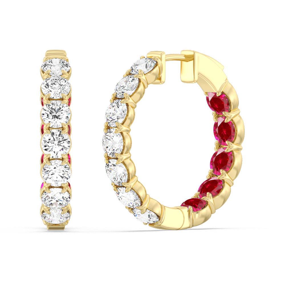 Inside-Out Round Shape Diamond and Created Ruby Hoop Earrings with 14KT Yellow Gold Cut Diamond in 14KT Yellow Gold view 1
