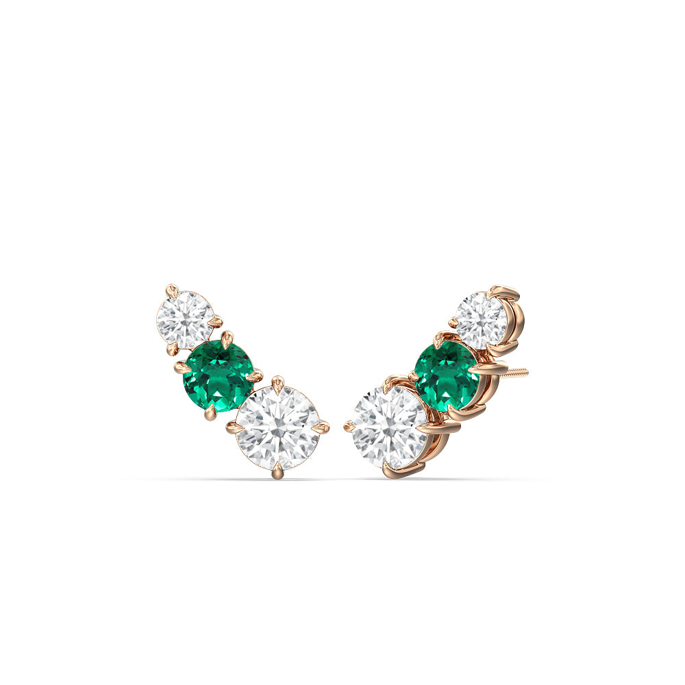Trilogy Graduating Climber Diamond and Created Emerald Earrings with 14KT Rose Gold Cut Diamond in 14KT Rose Gold view 1
