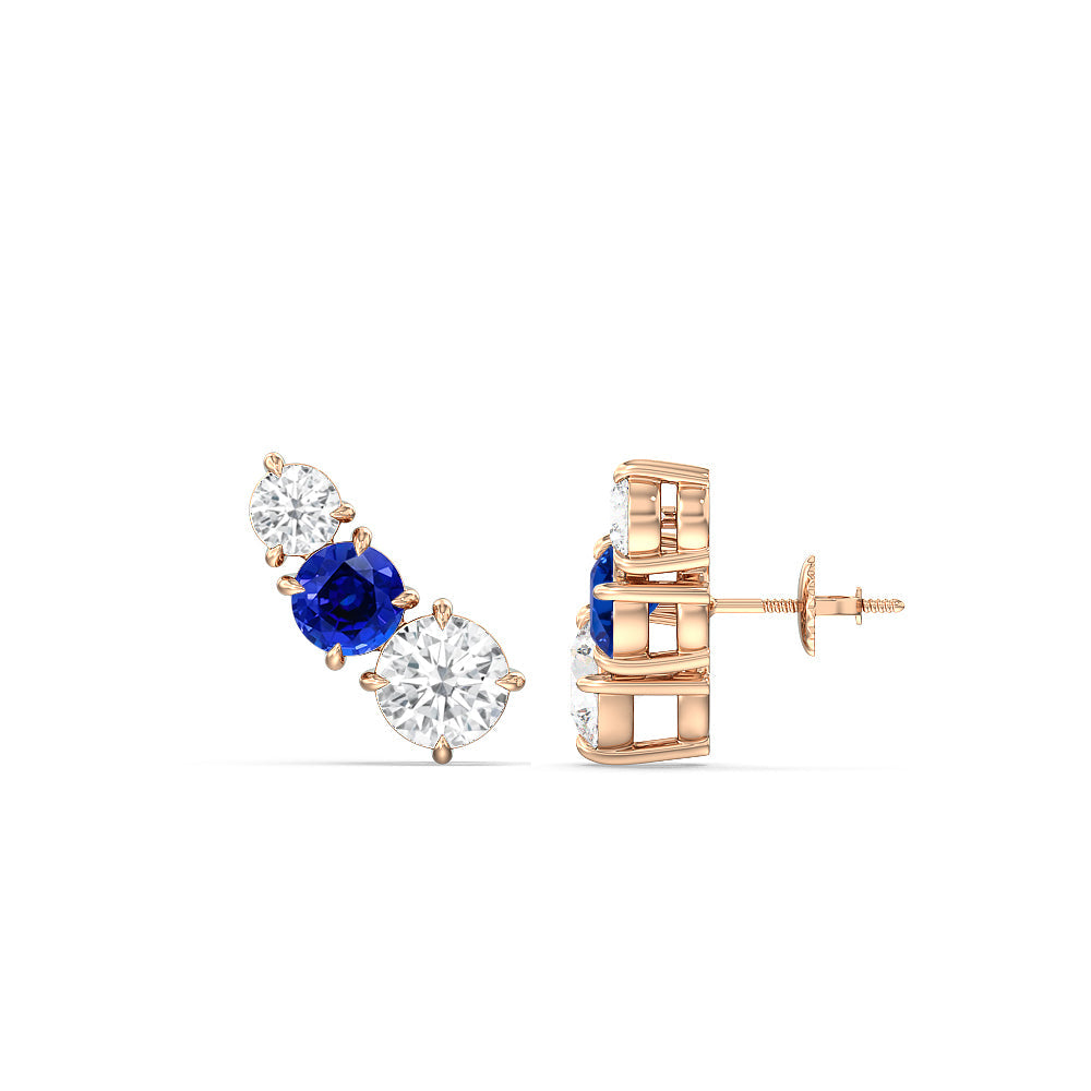 Trilogy Graduating Climber Diamond and Created Sapphire Earrings with 14KT Rose Gold Cut Diamond in 14KT Rose Gold view 2
