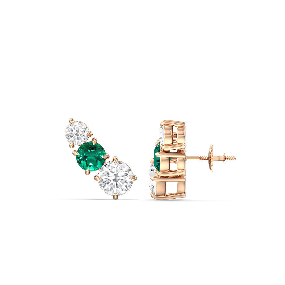 Trilogy Graduating Climber Diamond and Created Emerald Earrings with 14KT Rose Gold Cut Diamond in 14KT Rose Gold view 2
