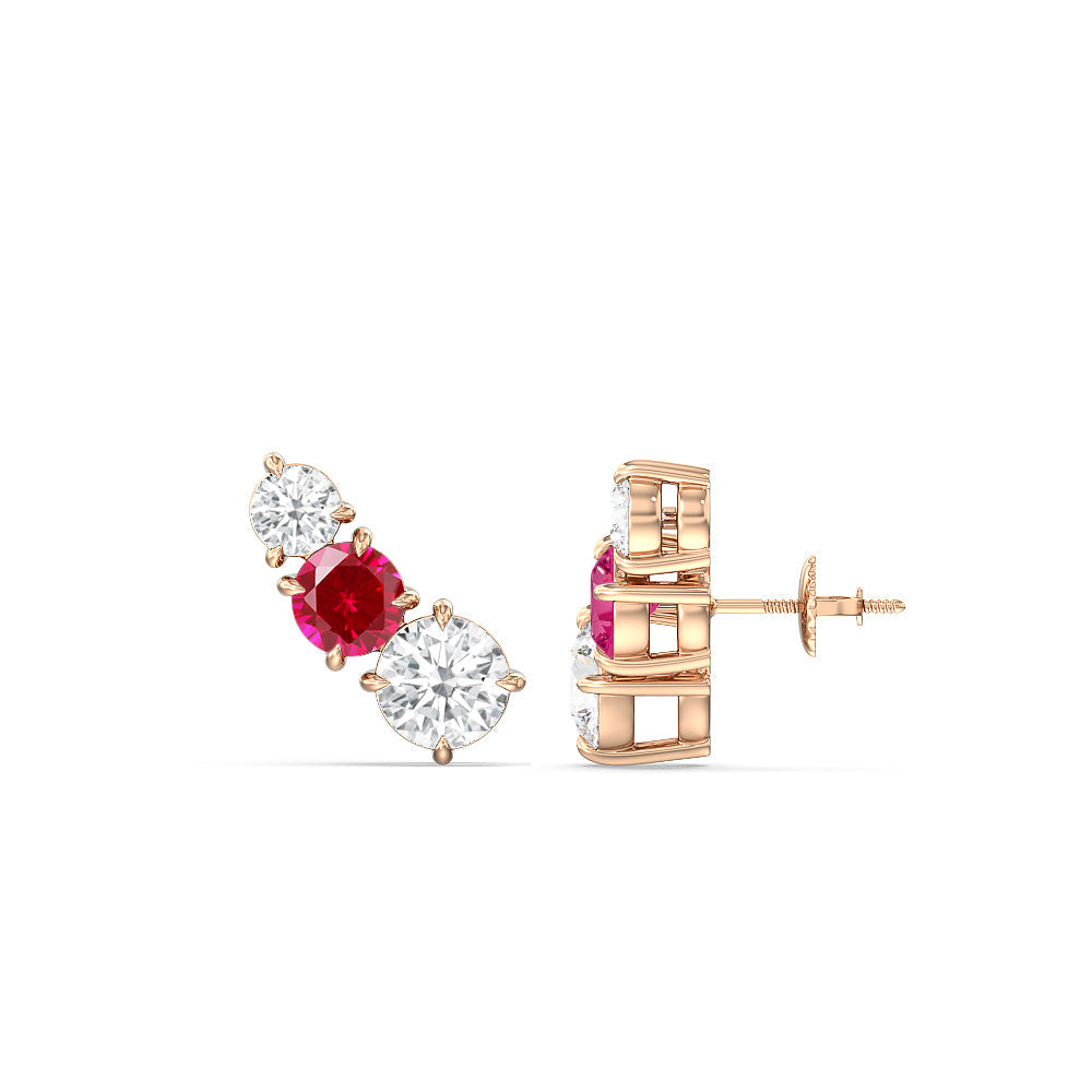 Trilogy Graduating Climber Diamond and Created Ruby Earrings with 14KT Rose Gold Cut Diamond in 14KT Rose Gold view 2
