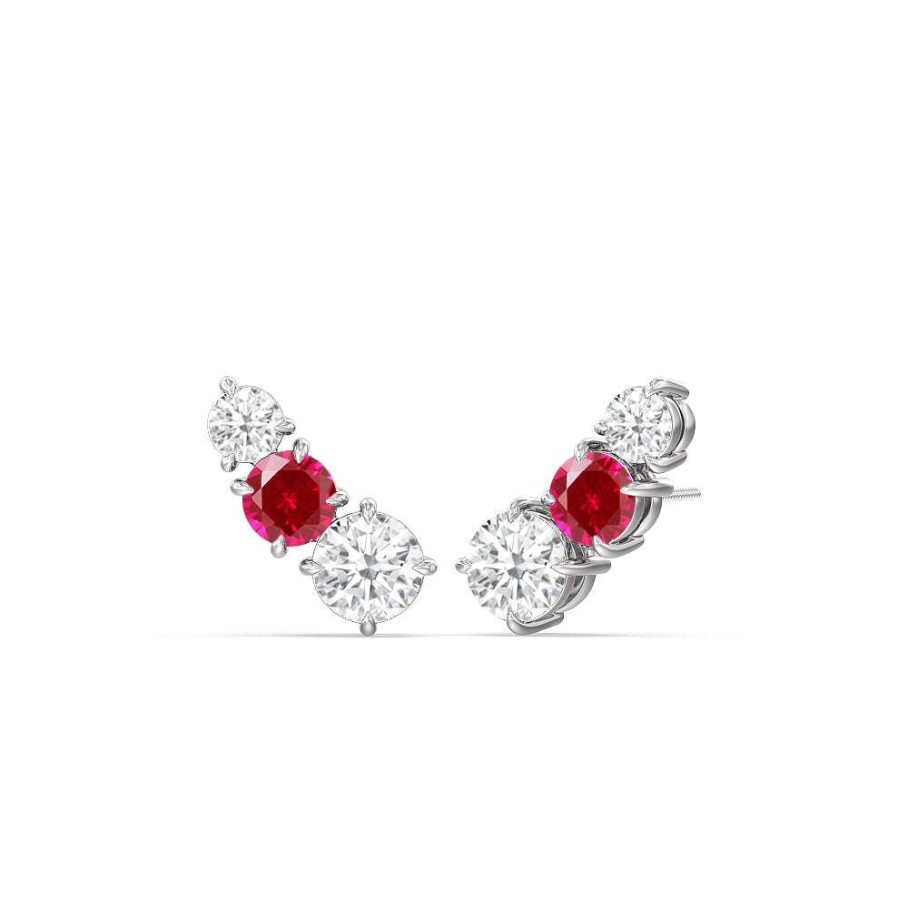 Trilogy Graduating Climber Diamond and Created Ruby Earrings with 14KT White Gold Cut Diamond in 14KT White Gold view 1
