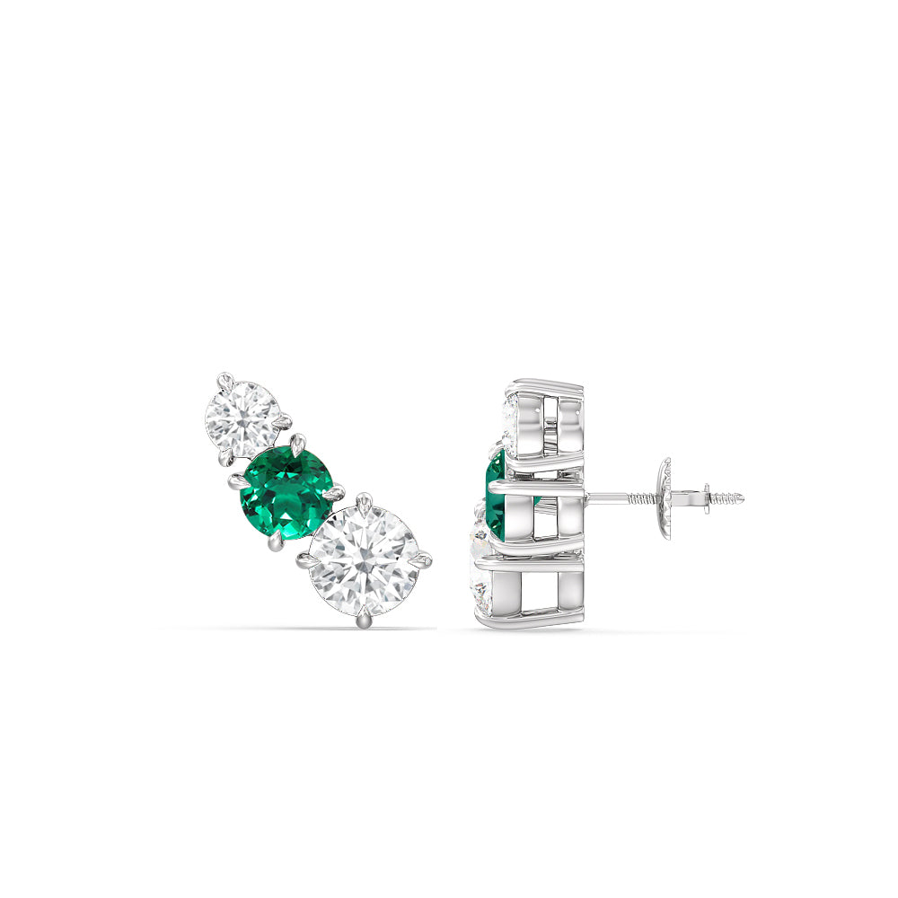 Trilogy Graduating Climber Diamond and Created Emerald Earrings with 14KT White Gold Cut Diamond in 14KT White Gold view 2
