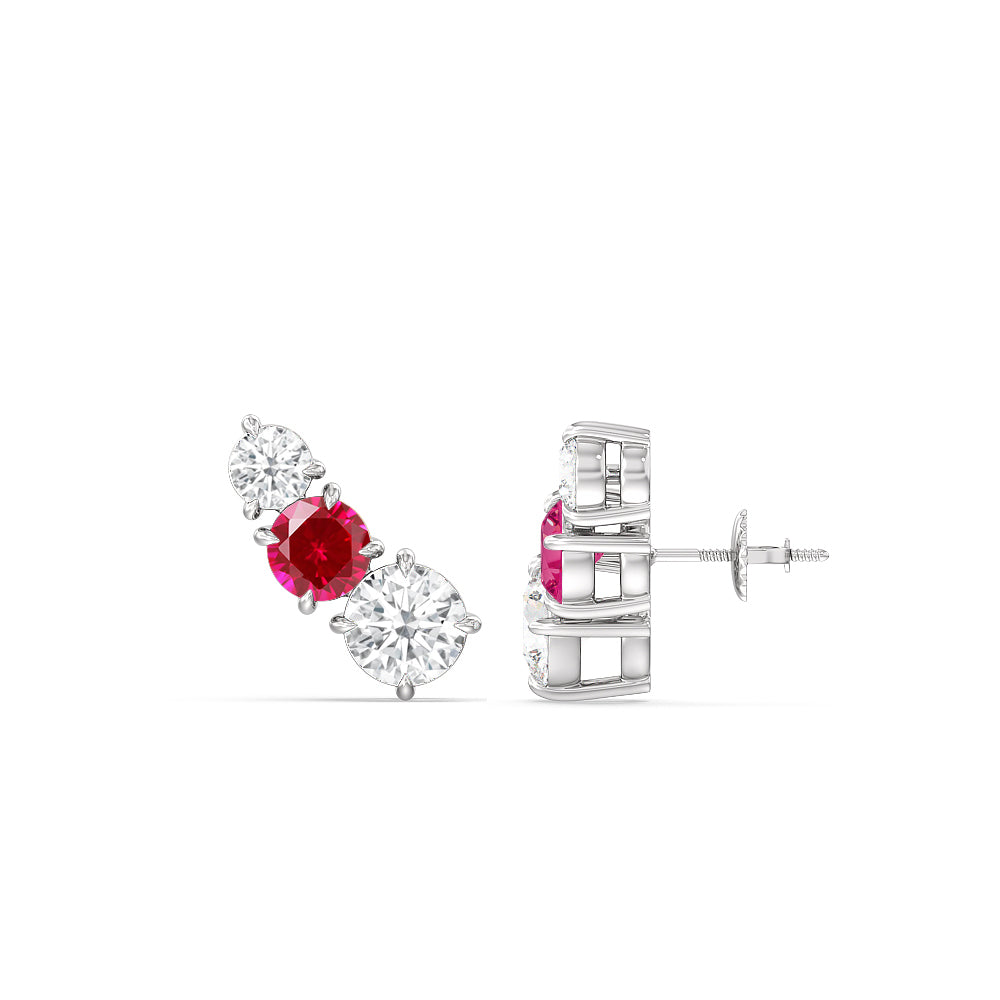 Trilogy Graduating Climber Diamond and Created Ruby Earrings with 14KT White Gold Cut Diamond in 14KT White Gold view 2
